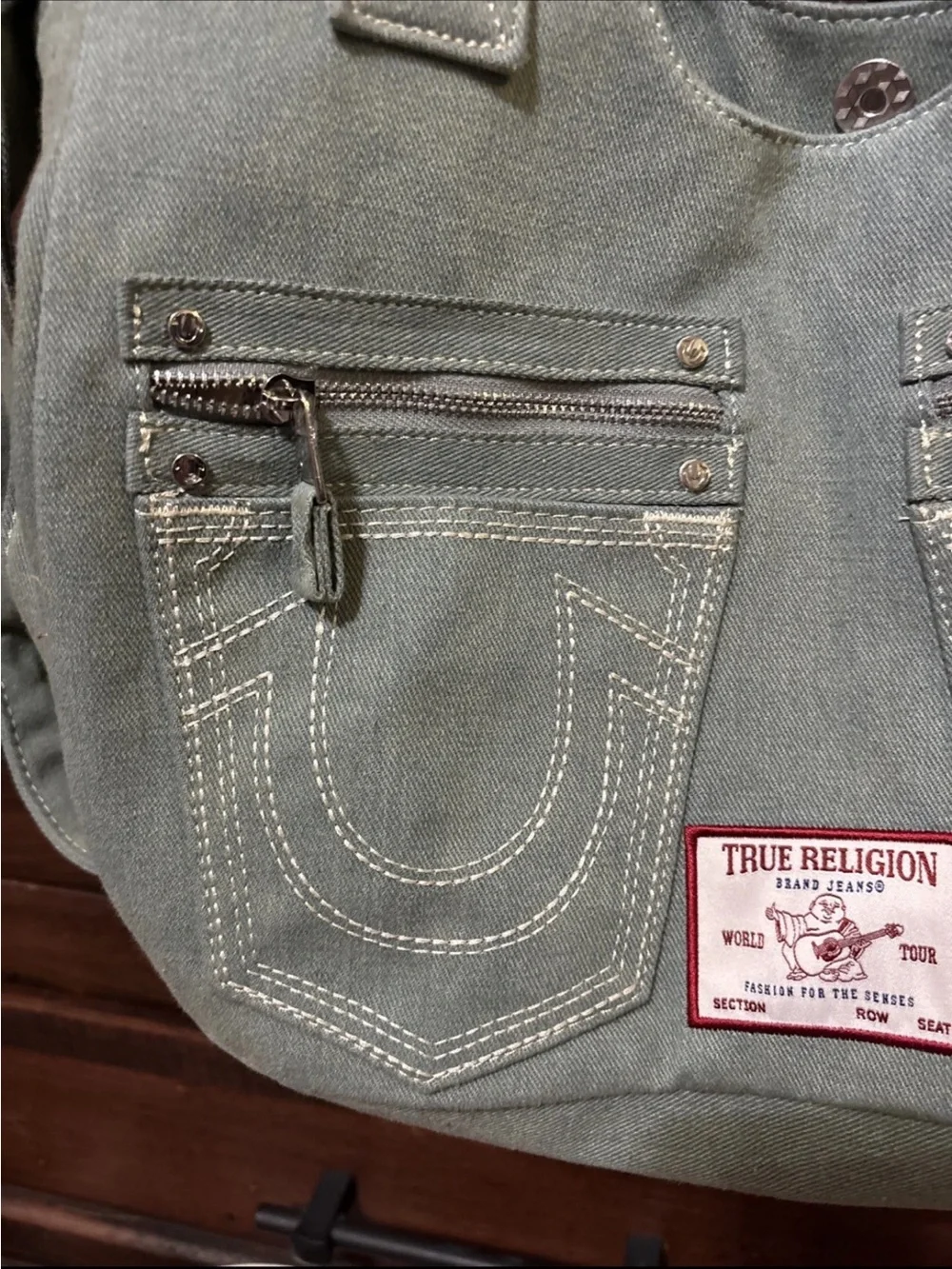 True Religion Horseshoe Stitch Sage Green Denim Satchel/Hobo Bag is NWOT